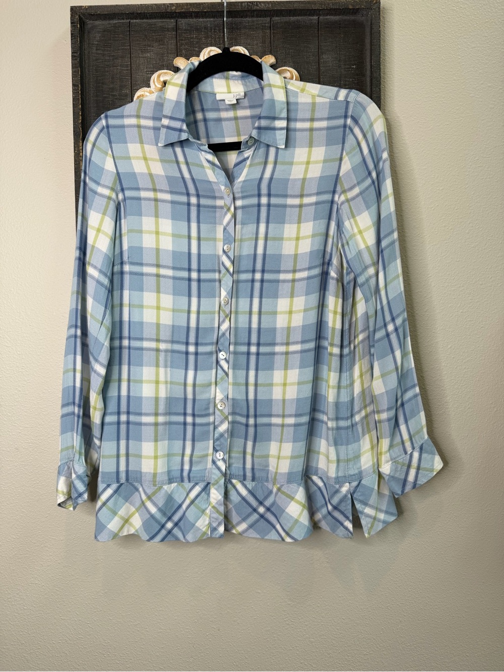 J. Jill Blue, White & Pale Green Plaid Button-Down with Ruffle Hem S Petite